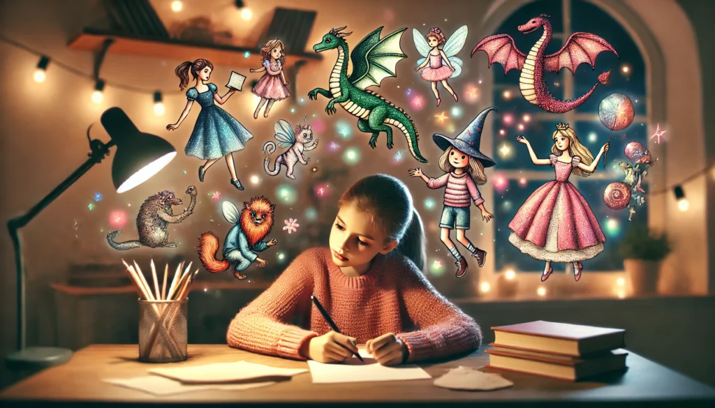 A creative scene showing a young girl writer sitting at a desk, imagining and surrounded by various floating fairy tale characters